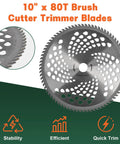 10-inch x 80T brush cutter blade from Heavy Duty Weed Eater Blade Kit With Adapter For Trimmer, steel finish, efficiency icons