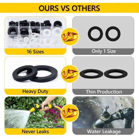 Comparison of Leakproof Rubber And Silicone Gasket Washers Kit With 135 Pieces featuring 16 sizes versus single size alternatives.