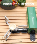 Portable Butane Gas Camping Stove With 7500 BTU Output Ultra Compact Folding Design With Carry Bag For Backpacking RV Trips Picnics And Outdoor Or Indoor Cooking Green on a wooden table showing dimensions.