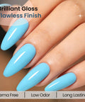 Close-up of fingers with baby blue polish showcasing Hema Free Gel Nail Polish Baby Blue With Matching Bottle And Color Coordinated Shade One Bottle UV Gel Polish Kit For At Home Manicure DIY Spa Salon Gift Perfect For Nail Art Enthusiasts