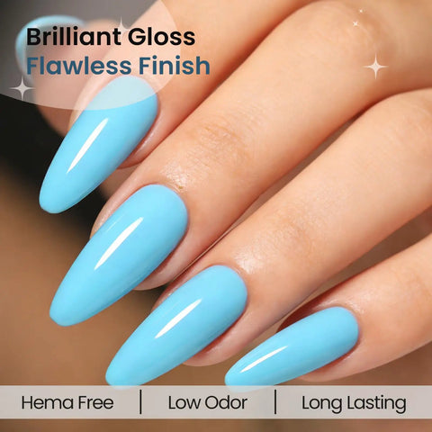 Close-up of fingers with baby blue polish showcasing Hema Free Gel Nail Polish Baby Blue With Matching Bottle And Color Coordinated Shade One Bottle UV Gel Polish Kit For At Home Manicure DIY Spa Salon Gift Perfect For Nail Art Enthusiasts