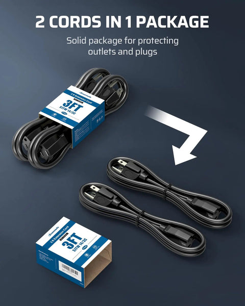 Two 50-foot outdoor extension cords black coiled with packaging showing '3FT' label; 14 gauge, 3 prong, ETL listed, 2 pack