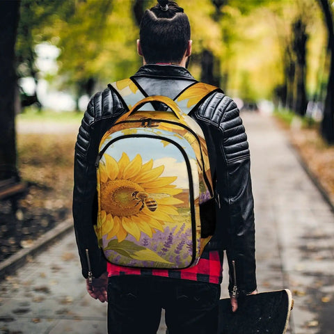 Go To Unisex Daypack With Large Capacity Sunflower Lavender Bee Farm Print Polyester Backpack on person