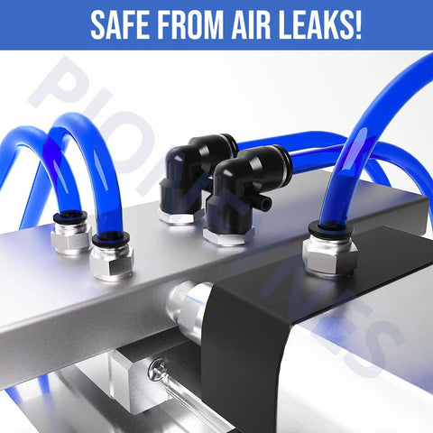 Pro Grade 10 Pack 3/8 Inch Push To Connect Fittings installed in pneumatic system with blue air lines, ensuring leak-free performance.