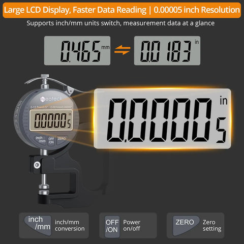 Digital Thickness Gauge With LCD Display Inch mm Conversion Dead On Accurate 0.00005 Inch Resolution 0-0.5 Inch Range One Hand Quick Press For Leather Paper Fabric Film And More Silver Grey close-up showing LCD and controls