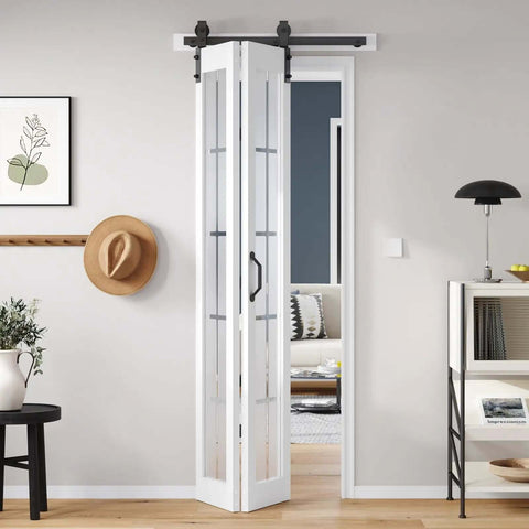 Bifold Barn Door 30x84 Inch Double 15x84, Preassembled White Frosted Glass Cross Transparent Bifolding Door With 34 Inch Hardware Kit