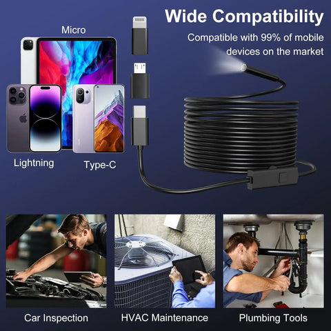 Endoscope Camera With Light 1920P HD Borescope compatible with Micro, Lightning, and Type-C devices for inspections