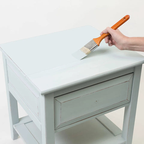 Hand painting side table with Serenity Blue Chalked All In One Furniture Paint With Ultra Matte Finish For DIYers One Coat Coverage
