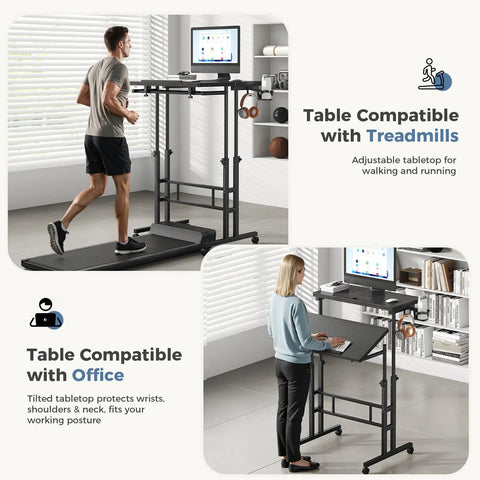 Split Top Rolling Standing Desk With Adjustable Height From 28 To 45 Inches Manual Lift Mobile Laptop Desk On Wheels Sit Stand Office Table For Home Office Black used on treadmill and as office desk