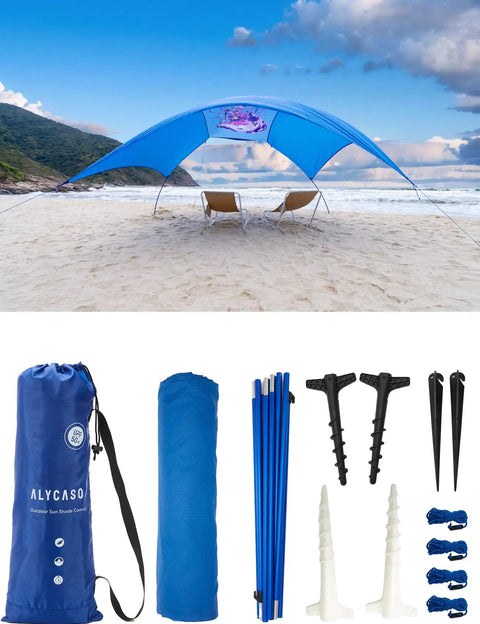 Wind-Powered Beach Shade Canopy No-Fuss Easy Setup Sun Shelter Tent with UPF 50+ and accessories on a beach setup