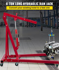 Red VEVOR 8-ton hydraulic long-ram jack with clevis base and single-piston pump lifting a car engine.