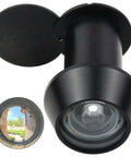 Solid Brass 220-Degree Door Viewer Peephole With Heavy Duty Rotating Privacy Cover Ultra Wide HD Lens Fits Doors From 1 3/8 To 2 23/64 Inches Great For Home Office Hotel Security Black showing lens and privacy cover.