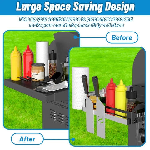 Griddle Caddy Organizer For 28 Inch And 36 Inch Griddles Prep Cart, showcasing condiments and tools before and after use.