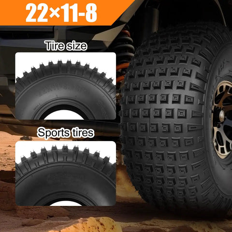All Terrain Knobby ATV UTV Tires 22x11-8 Tubeless 6 Ply Set of Two for Trail Sand Mud Off Road Use, tire size detail