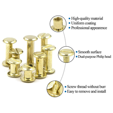 Heavy Duty Golden Chicago Screw Rivets Assortment Kit For Leather Craft And Bookbinding set of 10 screws with smooth surface and dual-purpose head.