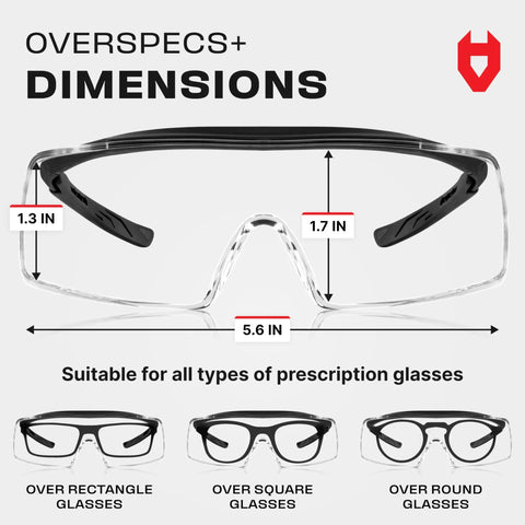 Top Shelf Anti Fog Safety Glasses Designed To Sit Easily Over Glasses With Scratch Proof Lenses dimensions showing 1.3 in height and 5.6 in width.