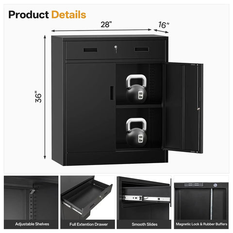 Heavy Duty 36 Inch Locking Metal Storage Cabinet With One Drawer And Adjustable Shelves For Home Garage Office School And Warehouse Durable Steel Scratch Resistant And Easy To Clean, 36x28x16 in