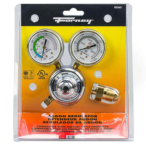 Forney Argon/CO2 regulator kit for MIG welder with dual gauges and chrome finish.