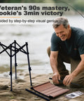 Man assembling Portable Camping Table With Adjustable Height From 15.8 To 22 Inches Folding Outdoor Table by a lake