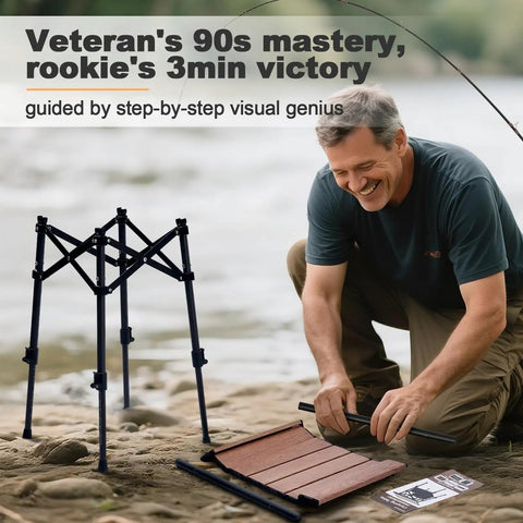 Man assembling Portable Camping Table With Adjustable Height From 15.8 To 22 Inches Folding Outdoor Table by a lake