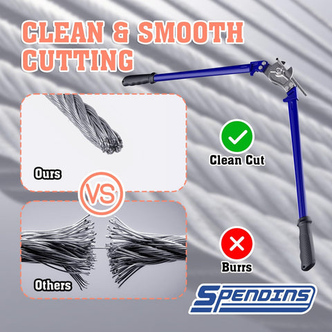 18 Inch Heavy Duty Wire Rope Cutter With Ergonomic Handle Design Beefy Blades For Clean Cuts Up To Five Sixteenth Inch Soft Copper And Aluminum Cables Or One Quarter Inch Hard Steel Cable And Stainless Wire shown with clean and burr cuts comparison