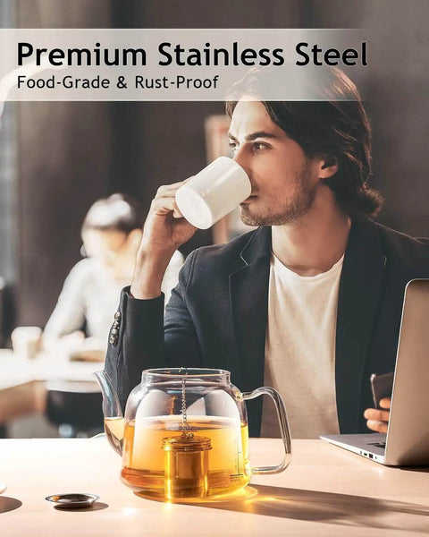 Two Pack Extra Fine Micron Mesh Tea Infusers With Extended Chain Hook For Loose Leaf Tea And Spices, man enjoying tea in cafe