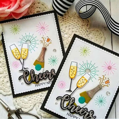 Card made using Wine Glass Clear Stamp And Die Set for card making and DIY embossing with silicone stamp seals, showing champagne glasses.