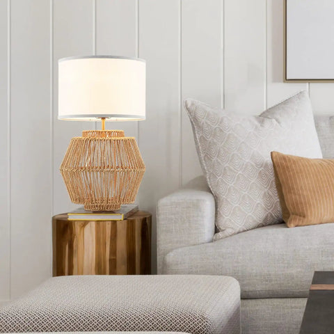 2 Pack Woven Rattan Table Lamps With Plug In Boho White Fabric Shade For Nightstand End Table Living Room Bedroom Entryway Farmhouse Decor