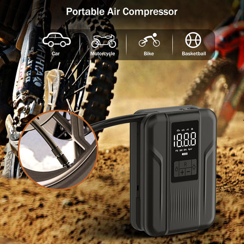 Go To Tire Inflator Portable Air Pump 150 PSI Battery Powered with digital gauge and LED light for car and bike on dirt track