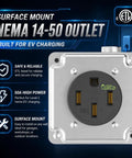 Nema 14 50 Ev Outlet With Surface And Flush Mount Box Kit, Weather Durable 50 Amp Electric Vehicle Charging Receptacle, Outdoor Black Car Plug Station, Etl Rated For No Sweat Wiring, detailed view of power outlet.