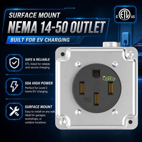 Nema 14 50 Ev Outlet With Surface And Flush Mount Box Kit, Weather Durable 50 Amp Electric Vehicle Charging Receptacle, Outdoor Black Car Plug Station, Etl Rated For No Sweat Wiring, detailed view of power outlet.