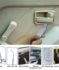 Using 4140 Pry Tool For Auto Interiors And Panels on car door, showcasing non-scratch tip, easy carry case, and detail views.