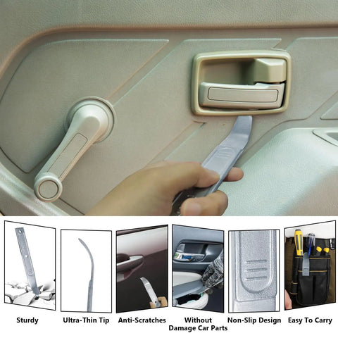 Hand using Heavy Duty Auto Trim Removal Tool Set For Panel Popper And Interior Door Trim Workhorse Pry Bar on car door interior