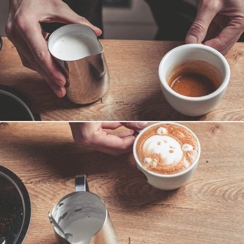 12 Oz Milk Frothing Pitcher Cup For Home Baristas used to create latte art in coffee cup, 350ml stainless steel steaming pitcher visible