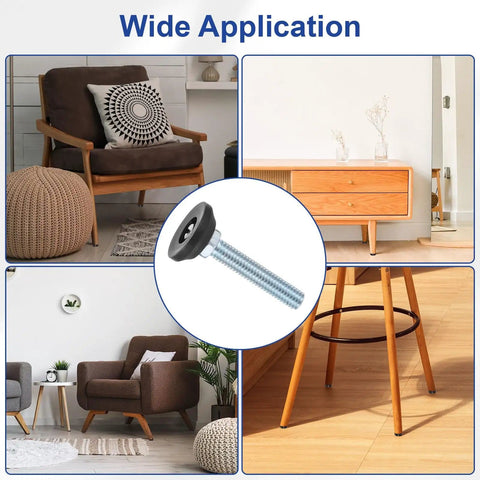 Four Pack Adjustable Furniture Levelers With Three Eighths Inch Thread Black Anti Slip Feet For Chairs Tables And Cabinets Durable Stainless Steel Threads Plastic Base 64 Millimeter Total Length Easy Install