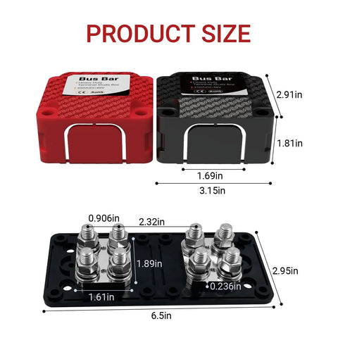 Built Different Heavy Hitter 450A 48V DC Bus Bar Terminal Block 2 Pack M10 Studs Flame Resistant ABS PC covers with size details.