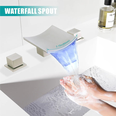 Brushed Nickel 8-Inch Widespread LED Waterfall Bathroom Faucet, 3-Hole Deck-Mount, flowing water, hands under faucet