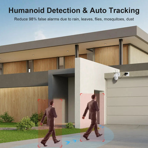 4MP HD Plug In Outdoor Security Camera With Dual Band WiFi mounted on modern house, showing motion detection and tracking technology.