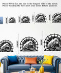 Old School Vintage Steam Train Metal Sign sizes displayed on wall above couch, showcasing circular iron locomotive wall art.