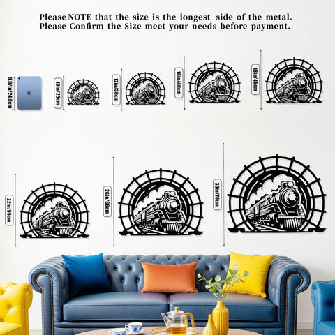 Old School Vintage Steam Train Metal Sign sizes displayed on wall above couch, showcasing circular iron locomotive wall art.