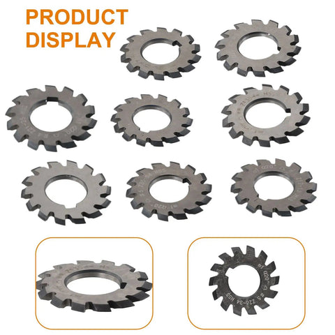 8 Pc Gear Cutter Set In High Speed Steel For Milling Machines, 20 Degree Pressure Angle, disk-shaped cutters with 18 teeth shown