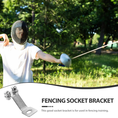Fencer outdoors with metal fencing foil, shown with fencing socket bracket, multipurpose gear organizer for martial arts equipment.