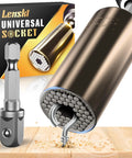 Ultimate Dad Gift Universal Socket Wrench That Grips Any Bolt Perfect Father's Day Gear For Dads Husbands Grandpas And Men Who Want Nothing Cool Practical Tools For Home Auto DIY, universal socket wrench with drill adapter displayed on wooden surface with box packaging in background.
