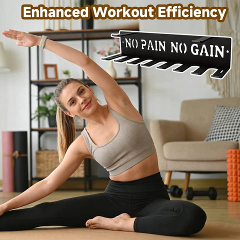 Woman stretching in front of Heavy Duty Wall Mounted Gym Rack With Eight Hooks For Home Workout Gear Storage; rack detail visible