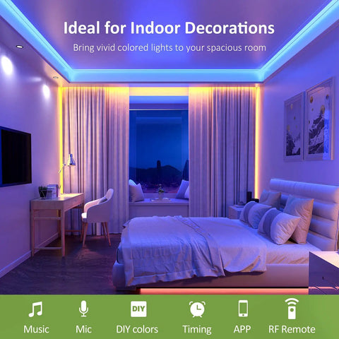 Bedroom lit by 20 Foot RGB Smart LED Strip Lights Kit With Dope Music Sync App Control Dimmable 5050 LED Tape Flexible Ribbon