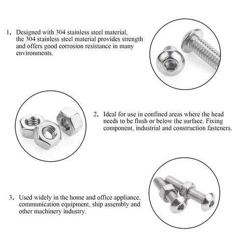 195 Piece M5 Hex Button Head Bolts And Nuts Kit In Stainless Steel 304 For DIY Projects, showing bolts and nuts with instructions.