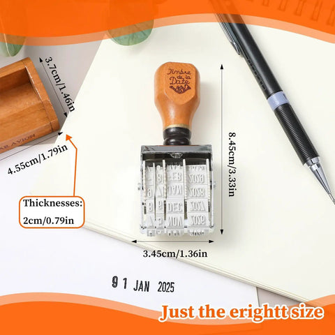 Sweet Diy Date Roller Stamper Sets Day Month Year Marks with wood handle and clear ink impressions on paper.