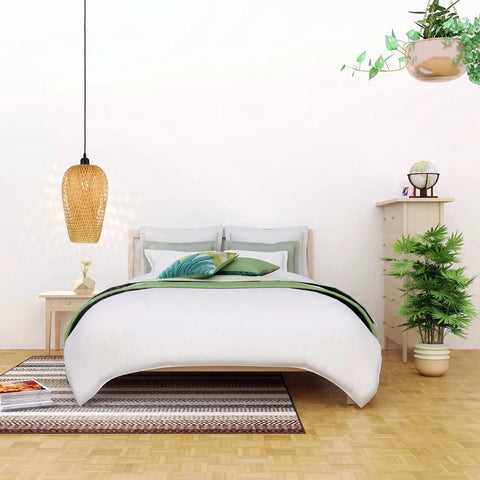 Bedroom with Hand Woven Bamboo Rattan Pendant Light With Natural Finish, Double Layer Dome Shade For A Cozy Boho Vibe