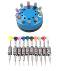 Pro Watch Repair Screwdriver Set 10 Pieces with Base Stand showing magnetic tips in assorted colors for precise electronics repair.