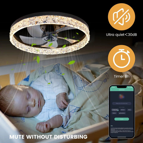 20 Inch Black Ceiling Fan With Light Remote Dimmable Enclosed Bladeless Design over crib with smart control app displayed